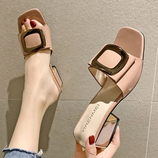 

summer women shoes slippers fashion metal buckle ladies mules slides high heels pumps women casual slippers, Black