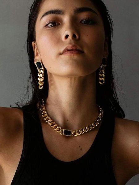 

brass with 18k gold zircon black jade statement necklace women jewelry runway gown hiphop rare glam japan korean fashion, Silver