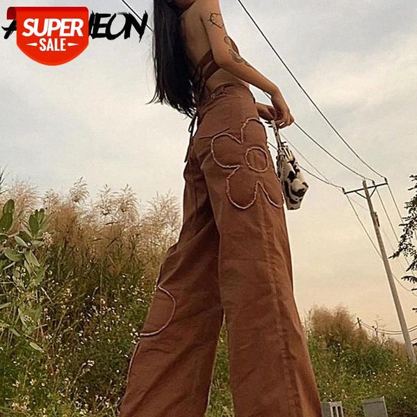 

allneon indie aesthetics high waist brown baggy jeans y2k vintage wide-leg floral denim long trousers 90s streetwear pants chic #mb5i, Black;white