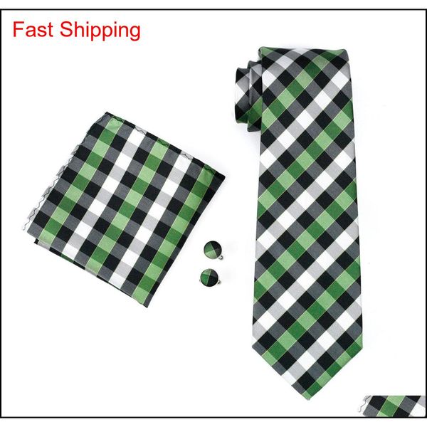 

green plaid tie pocket square cufflinks set jacquard woven silk mens tie set business work formal meet qylcud beauty888, Black;blue