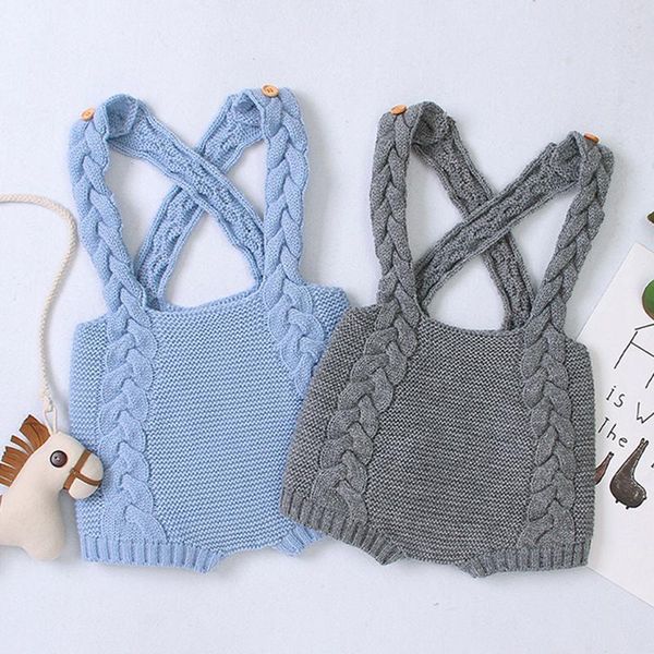 

jumpsuits baby boy girls pure color flowers knitting braces rompers 2021 autumn infant romper girl clothes, Blue