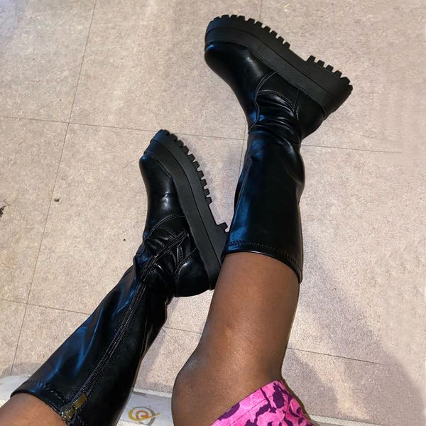 

brand design ladies motorcycle boots platform chunky heels zipper boots women 2020 street casual party shoes woman c1120, Black