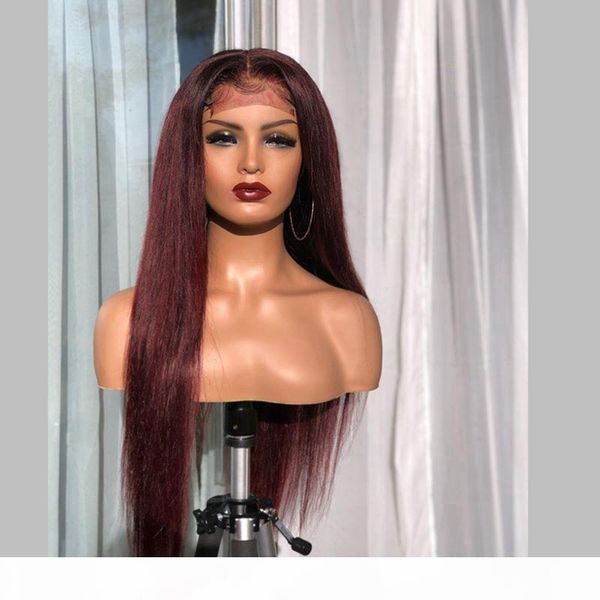 

99j straight human hair 4x4 silk wigs for black women lace front burgundy silky straight human hair wigs with baby, Black;brown