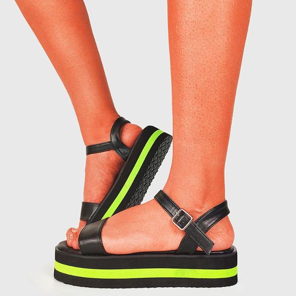 

ins girl summer color wedges platform beach shoes open toe buckle flat women sandals 2021 casual new design sandals, Black