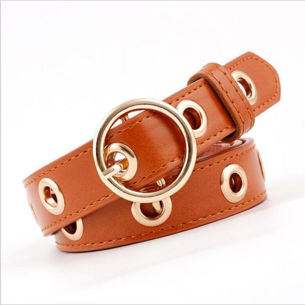 

belts female gold round buckle belt grommet rivets punk woman waistband leather luxury jeans slim waist girdles, Black;brown