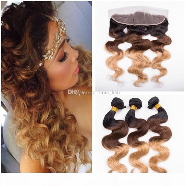 

brazilian virgin hair ombre bundles with closure body wave 3 bundles with 13x4 part lace frontal closure human hair weaves#1b 4 27, Black;brown