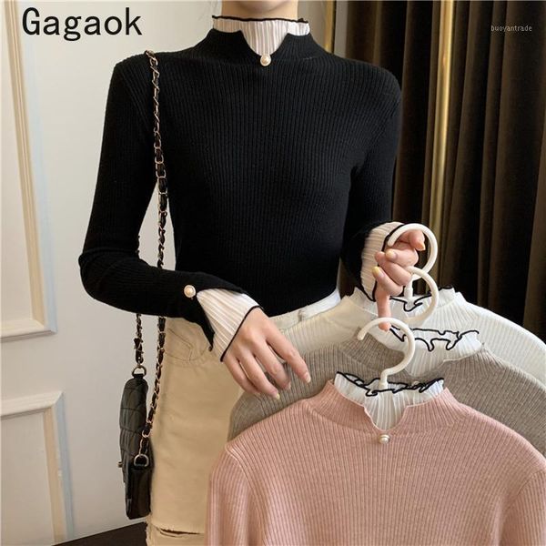 

women's sweaters gagaok women spring/autumn vintage 2021 turtleneck button flare sleeve slim chic wild pullovers k41261, White;black