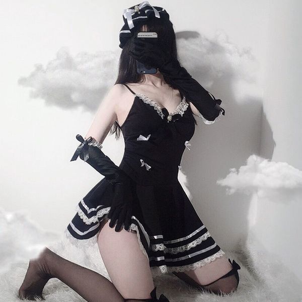 

maid cosplay black robes sleeveless dress thong nightgown matching hat and glove, Black;white