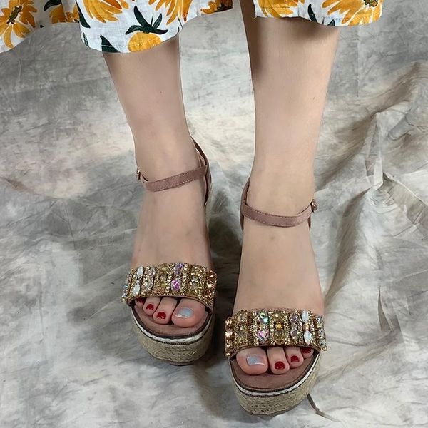

sandals 2021 colorful crystals rhinestone straw wedges height increasing for female fashion, Black