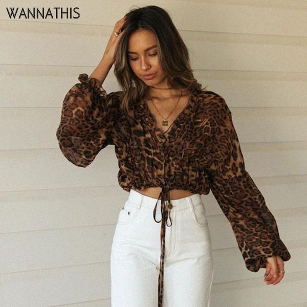 

wannathis leopard print blouse women fashion 2021 ruffles v-neck long sleeve hem drawstring casual autumn streetwear, White