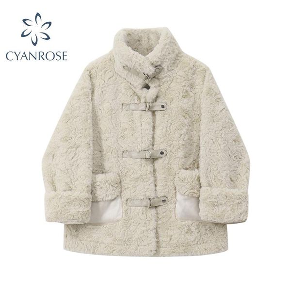 

women's fur & faux 2021 fashion coat women winter korean loose long sleeve warm thick mixed jacket female casual outerwear, Black