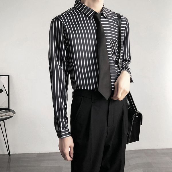 

shirts 2021 men's spring and winter new self-cultivation college fresh little art printed striped shirt young 8l7n, White;black