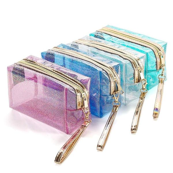 

4 pcs waterproof cosmetic bags pvc transparent zippered toiletry bag with handle strap portable clear makeup bag pouch.