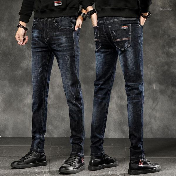 

autumn new style jeans men's slim women's skinny korean-style black and white with pattern men's jeans elasticity long pants, Blue