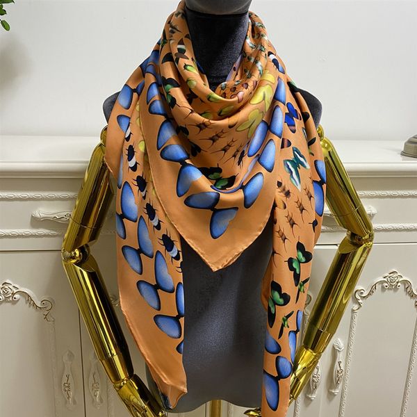 

women's square scarf pashmina good quality 100% twill silk material orange pint letter butterfly pattern size 130cm- 130cm, Blue;gray