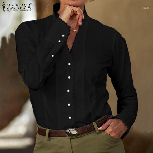 

zanzea stylish women v neck long sleeve casual lace ruffles blouse spring shirts buttons down blusas femme robe chemise71, White