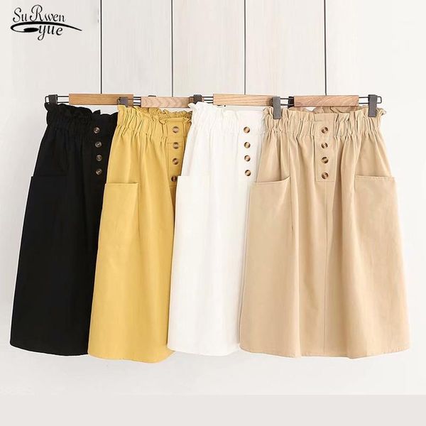 

2020 summer autumn women skirts vintage elastic waist korean loose a line cotton midi skirt casual solid new skirt faldas 99051, Black