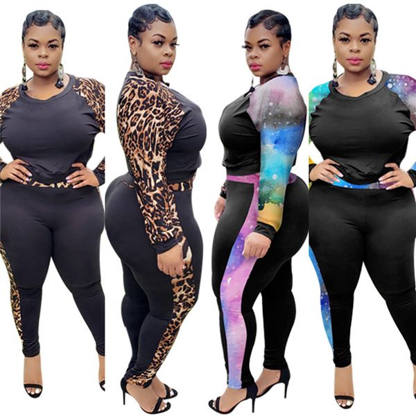 

plus size two piece pants womens casual leopard patchwork clothing o neck long sleeve and pencil pants, White