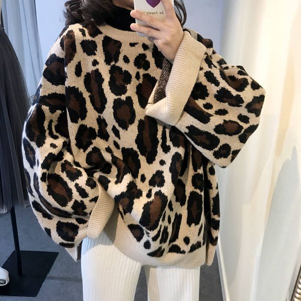 

2021 new autumn leopard around the neck lazy style size big sweater knitted z6y2, White;black