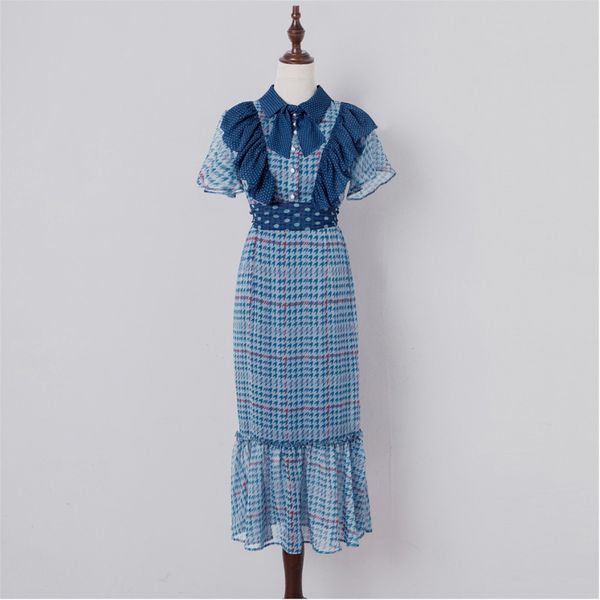 

2020 female style new retro thin ruffle short sleeve chiffon dress 591p, Black;gray