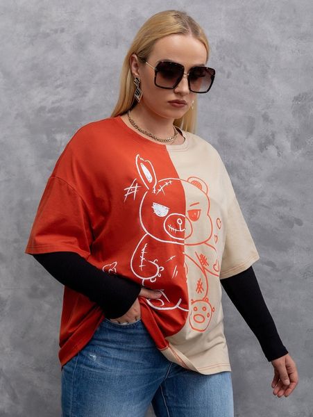 

plus cartoon graphic two tone drop shoulder tee 504b#, Black
