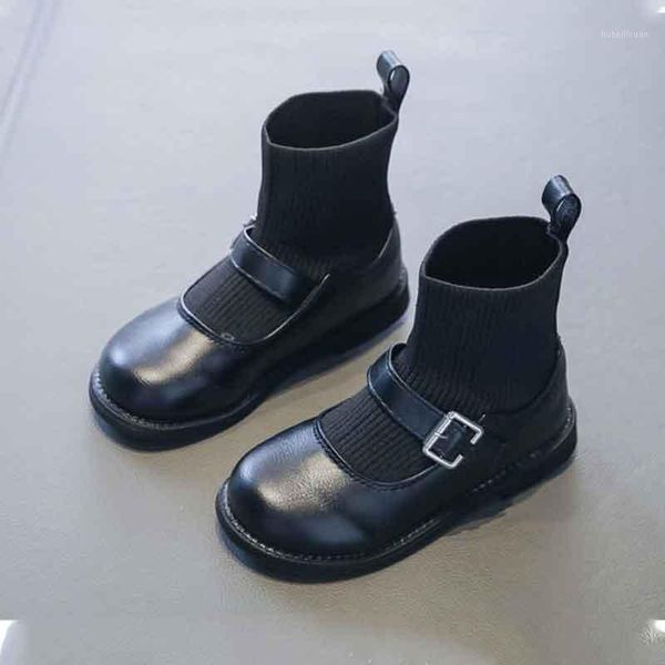 

princess girls boots platform pu leather+elastic knitted socks boots spring autumn short kids moccasin botas shoes1, Black;grey