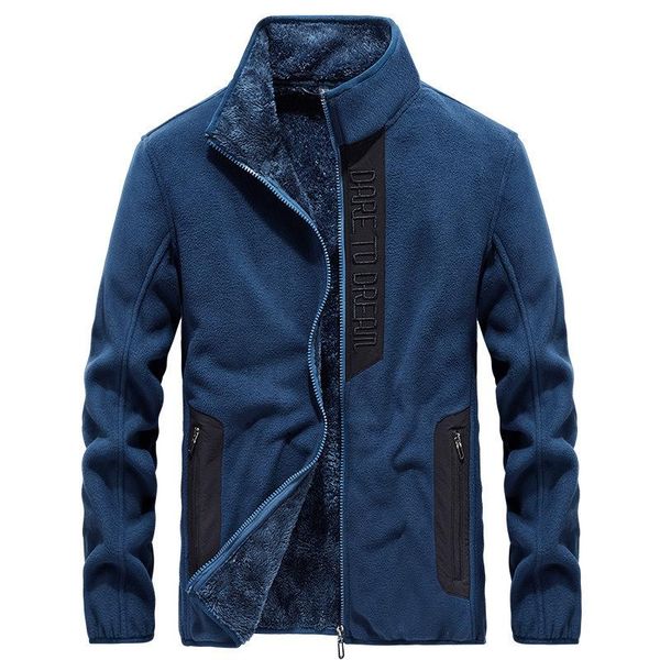 

men's solid coat thickened warm plush jacket letter printed fleece casual versatile fleece zipper mock neck grey pocket top, Blue;black