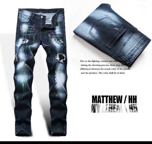 

men's jeans men's straight tube perforated zipper pants casual fashion pants b0111, Blue