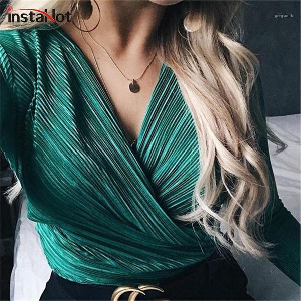 

insta3 color pleated v neck bodysuits blouse women 2018 autumn new fashion long sleeve textured shirts button elegant1, Black;white