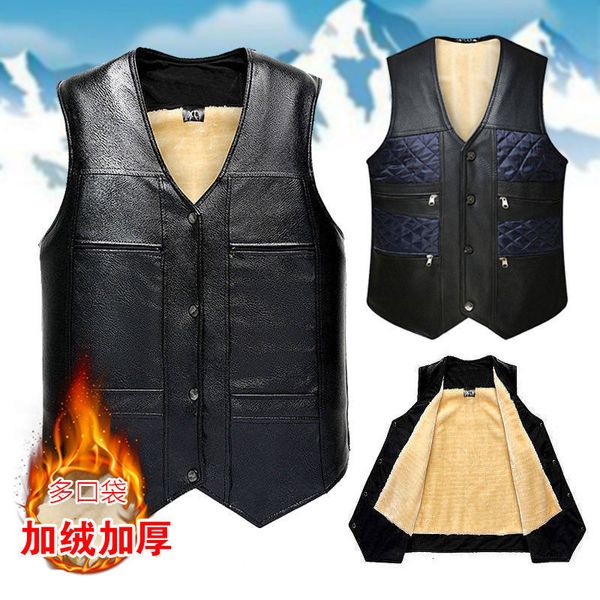 

autumn middle aged and old men's plush multi bag leather vest, winter loose large cotton vest warm jacket, Black;white