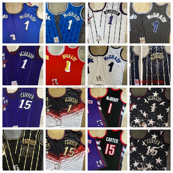 

mitchell&ness real stitched retro basketball jerseys authentic embroidery #1 tracy #15 vince mcgrady carter white blue black red jersey