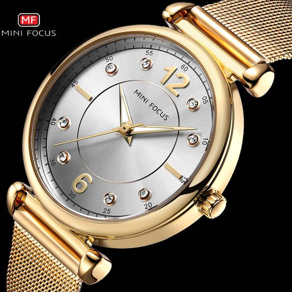 

minifocus brand luxury quartz women watches crystal dial mesh strap chic ladies clock multiple colors girlfriend wrist watch, Slivery;brown