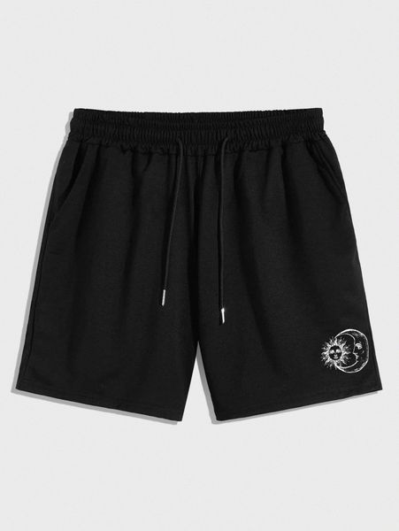 

romwe guys sun & moon graphic drawstring shorts y08m#, Black