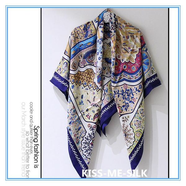 

scarves kms persian style exotic silk square scarf shawl sunscreen for girl lady woman 130*130cm/100g, Blue;gray