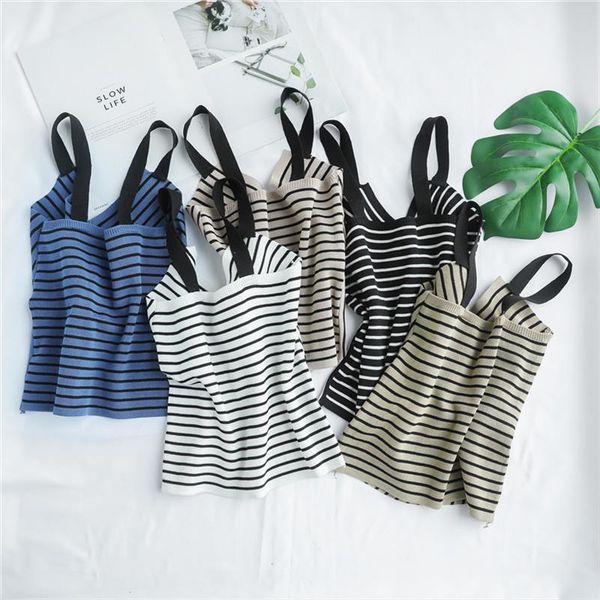 

women striped v neck tank knitting crop camisole female plain camis women 2020 summer camis crop, White