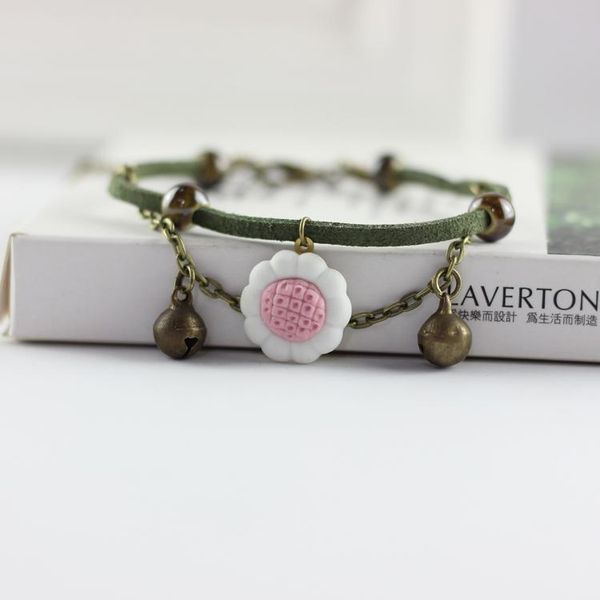 

charm bracelets summer style ceramic bracelet 100%handmade cute flower and leaf pattern with bell for women girls leather jewelry yellow & p, Golden;silver