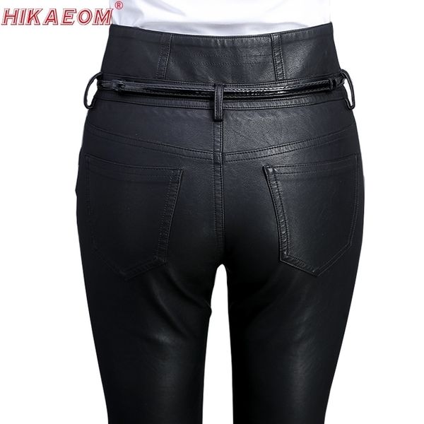 Calças de couro skinny de cintura alta mulheres pretas outono calças casuais moda couro PU botão faixas bolsos biker lápis calças 201118