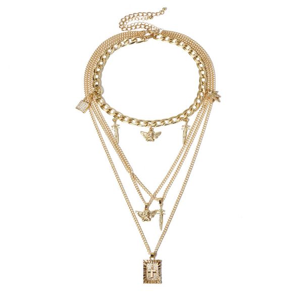 

2020 european punk jewelry multi layered link chain angel lock pendant necklace 14k gold plated cross necklace for girls, Silver