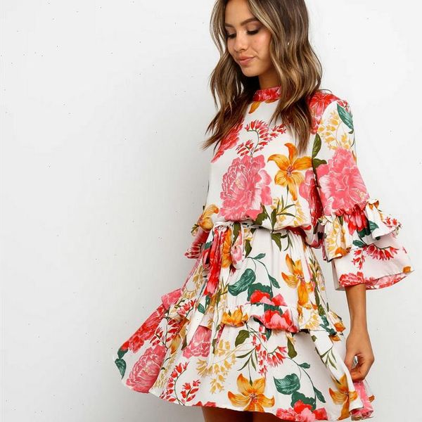 

boho beach summer flower sundress women long sleeve ruffles floral mini dress elegant ladies evening party club dames dresses, Black;gray