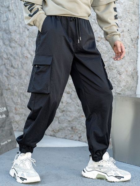 

men drawstring slant pocket cargo pants u8au#, Black