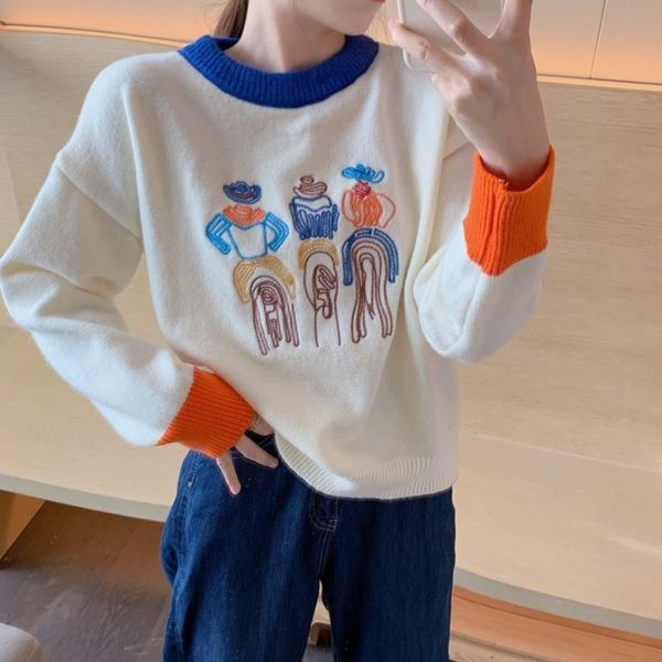 

autumn and winter new 2020 children's fun cartoon age reduction korean version students' color contrast embroidery loose sweater w, White