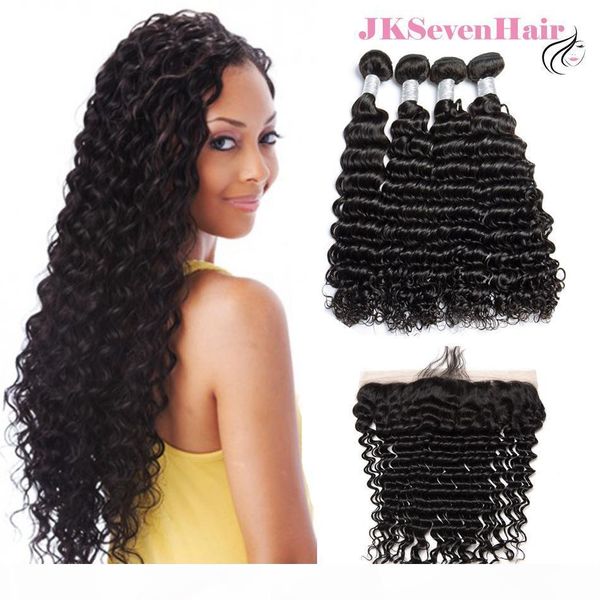 

12a grade virgin brazilian hair bundles deep wave 4pcs with 13x4inch lace frontal peruvian malaysian hair weaves w baby hair frontal, Black