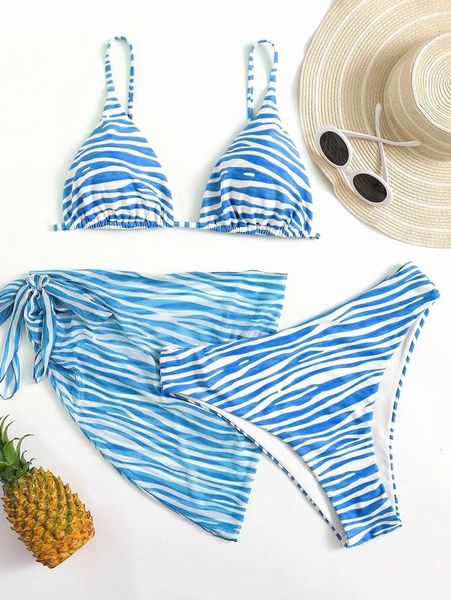 

3pack plus zebra stripe bikini swimsuit with beach skirt 15pp#, Black