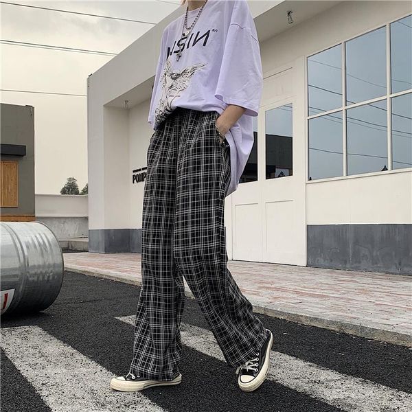 

2020 harajuku straight pants women vintage plaid loose joggers sweatpants casual high waist wide leg pants sportwear trousers, Black;white