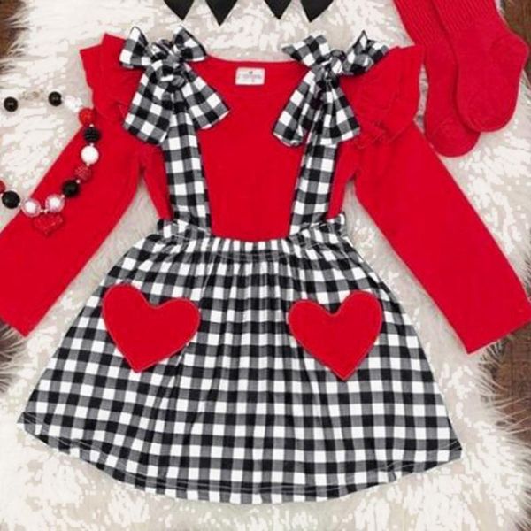 

kids valentine's day plaid bow sets toddler baby girls valentine ruffle +suspender heart plaid skirts set roupa baby menina, White