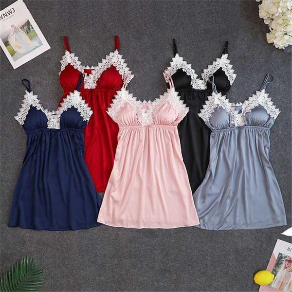 

woman nightgown ice silk halter skirt with chest pad lace loose home clothes tempting sleepwear nightdress size -2xl1, Black;red