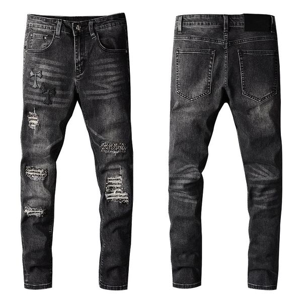 

mens cross logo jeans skinny ripped rivet cool guy causal hole denim fashion brand fit jeans men military hiphop washed pants, Blue