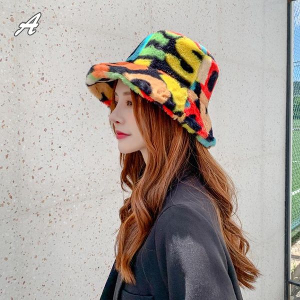 

wide brim hats multicolor rainbow faux fur pattern fluffy bucket hat women winter fisherman cap soft warm plush fashion elegant, Blue;gray