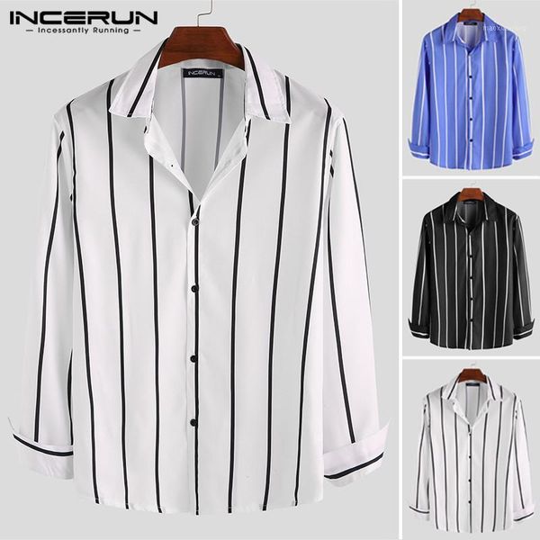 

incerun men casual striped long sleeve button down shirts lapel collar business streetwear fit blouse camisa masculina plus size1, White;black