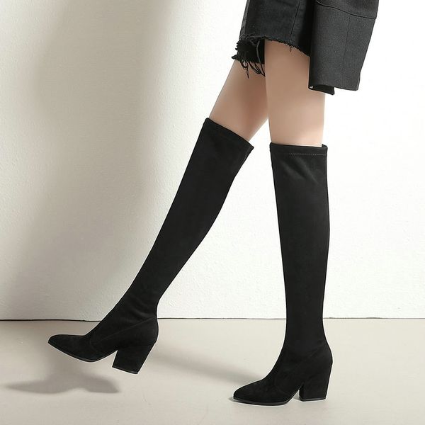 

as for 2020 female spring on knee stretch boots fabrics pointed to the fashionable high-heeled shoes 34-43, Black